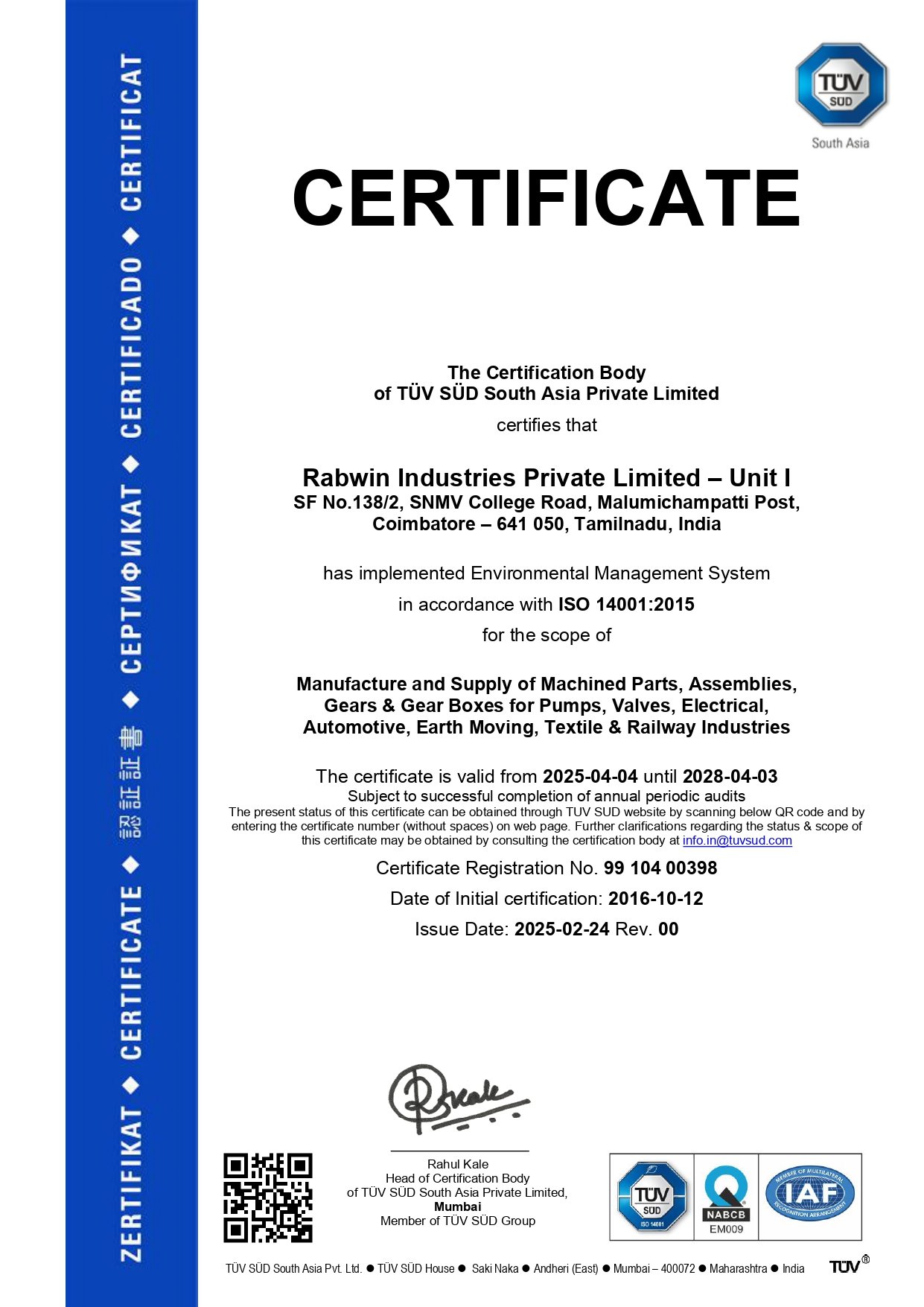 ISO 14001:2015Valid till: 2028-04-03
