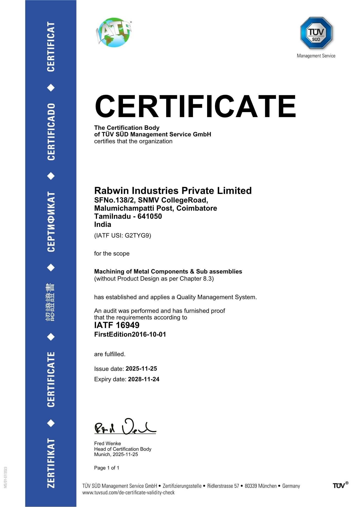 IATF 16949 -2016Valid till: 2028-11-24
